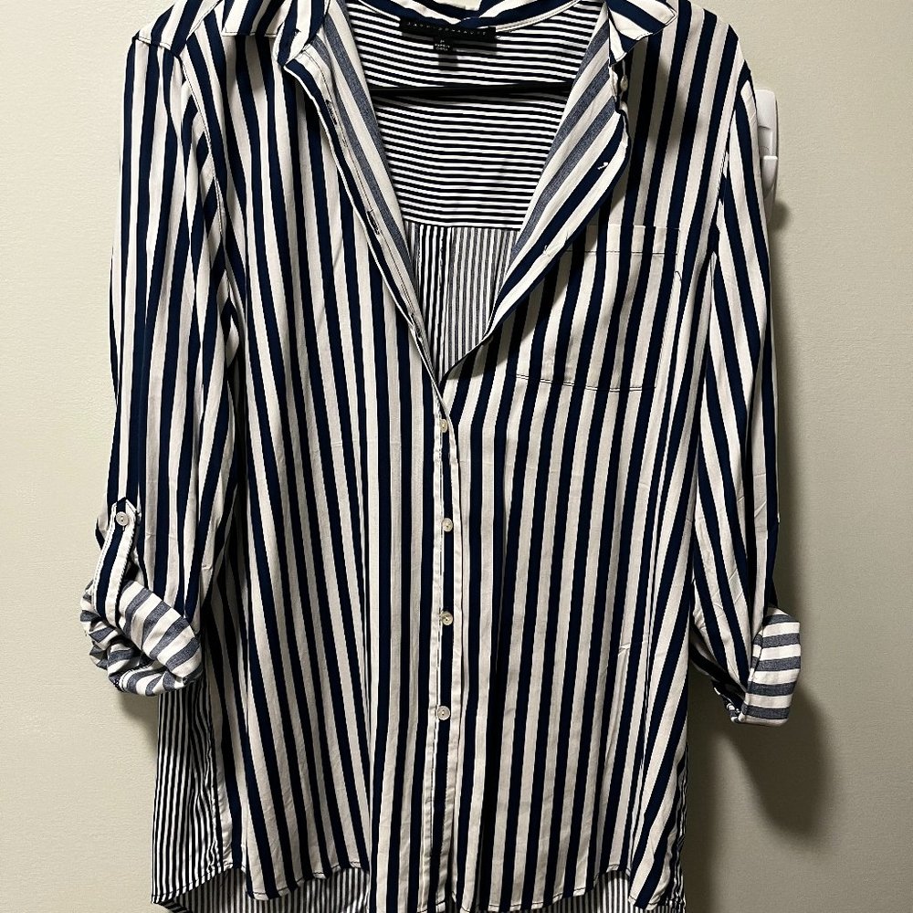 Jane Delancy White and Blue Striped Silky Button Up